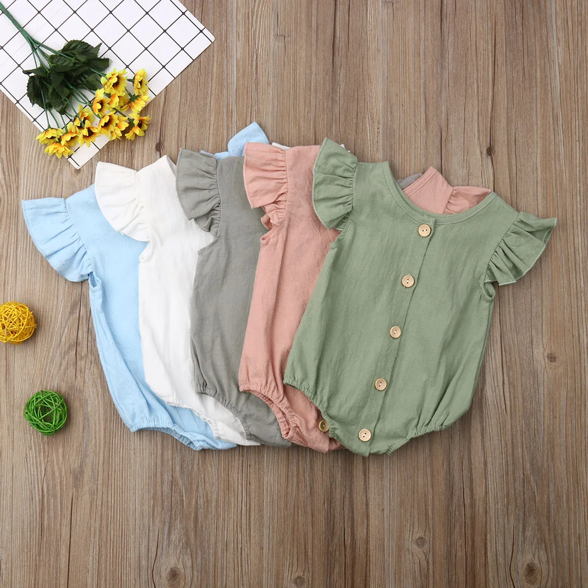 

2019 Infant Newborn Baby Girl Bodysuit Summer Ruffle Short Sleeve Button O-Neck Solid Round Neck Jumpsuit Costume Clothing