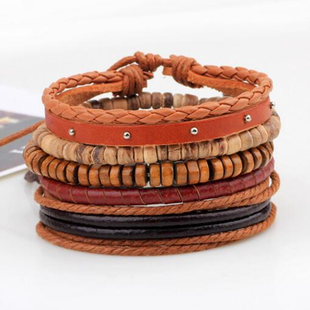 Stone Men Bracelet Multi-layer Handmade Weaved Punk Leather Rope Chain Stainless Steel Bangle Male Jewelry Gifts