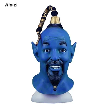 

Movie Aladdin and The Magic Lamp Halloween Mask Djinni Cosplay Mask Latex Full Face and Hair Mask Blue Masks Men Adult Boys