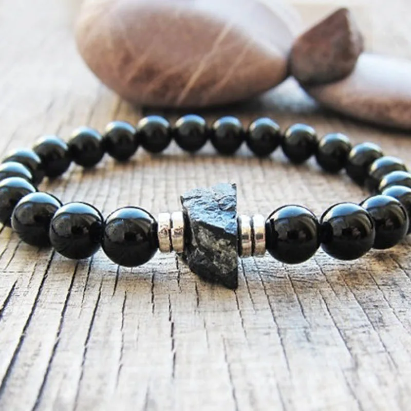 Mens Bracelet Black Onyx with Cross Beaded