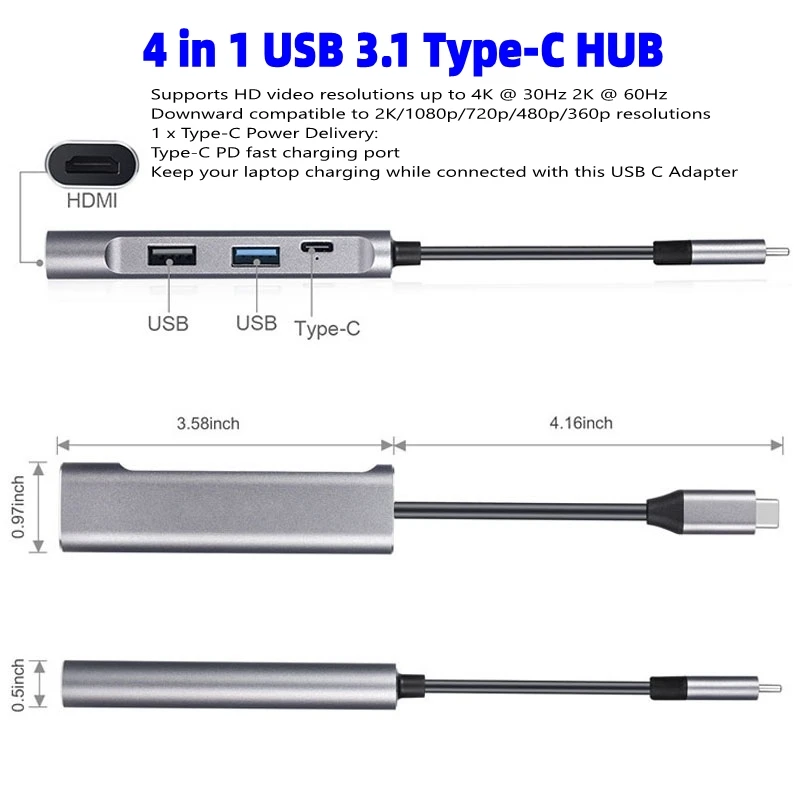 4 в 1 usb-хаб type-C концентратор адаптер к HDMI PD порт конвертер для MacBook Pro type C концентратор для huawei P20 mate 20 Pro 3,1 концентратор
