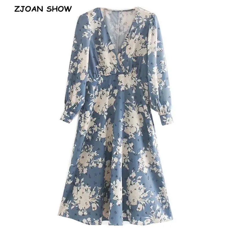 

2019 Women blue Long Puff sleeve White Flower Print Shirt Dress Vintage V neck Slim waist Long Dresses Femme vestido