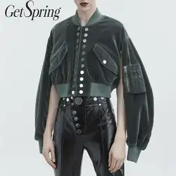 GetSpring Женское пальто бархатная двубортная бейсбольная куртка с высокой талией и длинным рукавом Женские куртки женская верхняя одежда