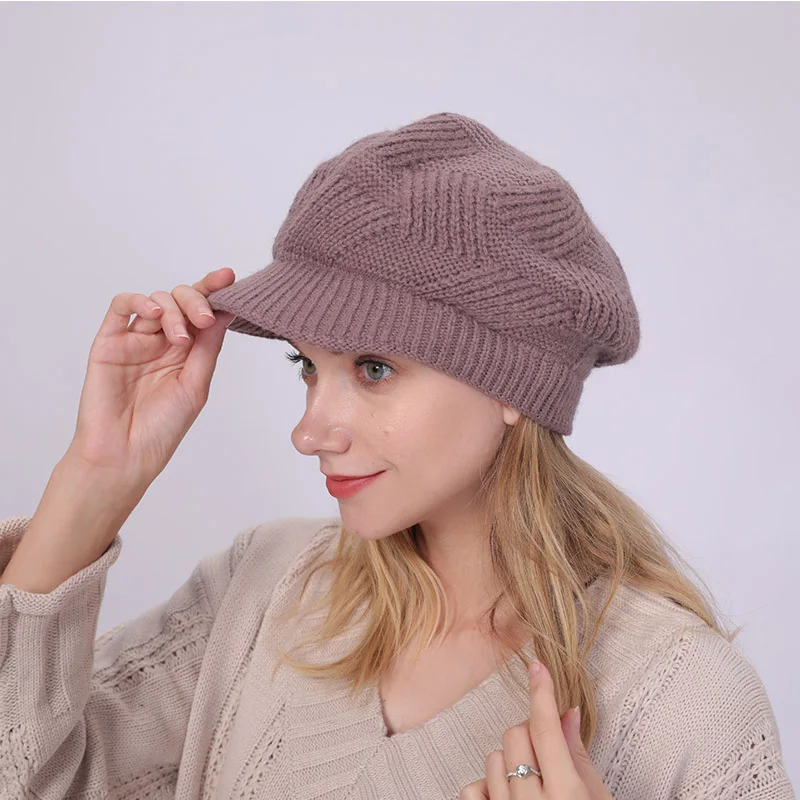 light purple Модная женская шапка из кроличьего кашемира, женская зимняя шапка с козырьком, однотонные шапки для взрослых, женские береты, женские теплые шапки - Цвет: light purple