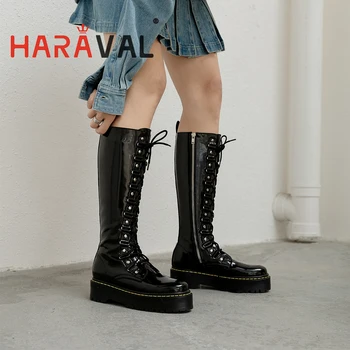 

Knee-High Boots Genuine Leather Waterproof Platform Cross-tied Motorcycle Boot Cross-tied Round Toe Zipper Cool Thick E242L