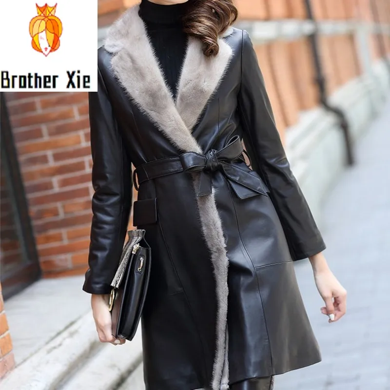 

Brand Genuine Leather Long Coat Women Streetwear Elegant Mink Fur Collar Sheepskin Overcoat Autumn Fashion Belt Outerwear Pocket