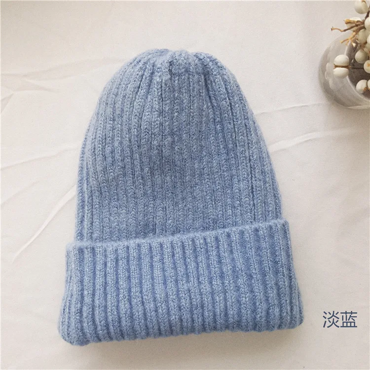 light blue Новинка, женская шапка, Осень-зима, теплая, Корейская, Вязанная, шерстяная шапка, утолщенная, плюс кашемир, шапка с отворотами, подарки для женщин, хит - Цвет: light blue