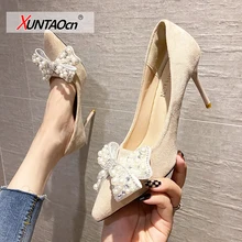 

New Pointed-Toe Suede bow Women Shoes Fashion party Fine with high heel shallow mouth pointy water drill bowknot single pumps