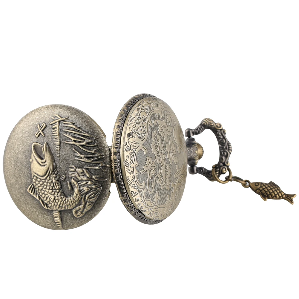 Slim Chain Clock Pocket Watch relogio Montres Big Fish Pattern Case Large White Dial with Arabic 5