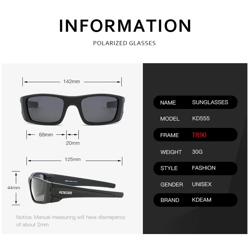 KDEAM Unisex Rectangular Polarized Sunglasses for Men TR90 Frame Fashion Square Fishing Eyewear Outdoor Sports Sun Glasses UV