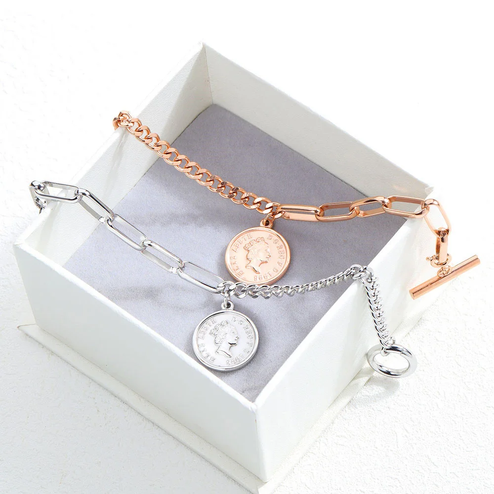 

Fashion Elizabeth Coin Bracelet Men and Women Jewelry Chain Toggle-Clasps Romantic Wedding Bracelet Rose Gold for Couples