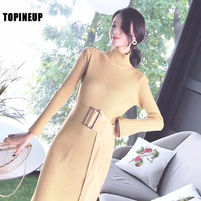 

Elegant Turtleneck Office Lady Long Sleeve Knit Dress Solid Color Temperament Business Pullover Slim Sashes Female Sweater Dress