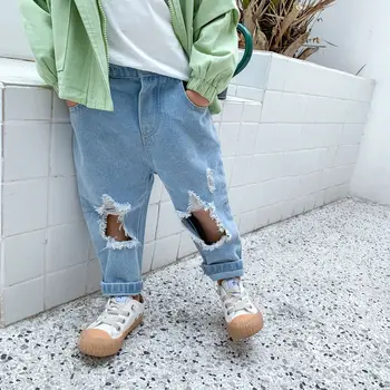 

3228 Children's Pants 2020 Spring New Boys And Girls' Korean Wide Leg Pants With Hole Pocket Jeans Pants
