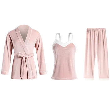 

Women Patchwork Kimono Bathrobe Gown 2020 New 3PCS Pajamas Set Sleepwear Strap Top&Pants Casual Homewear Nightwear Pyjamas