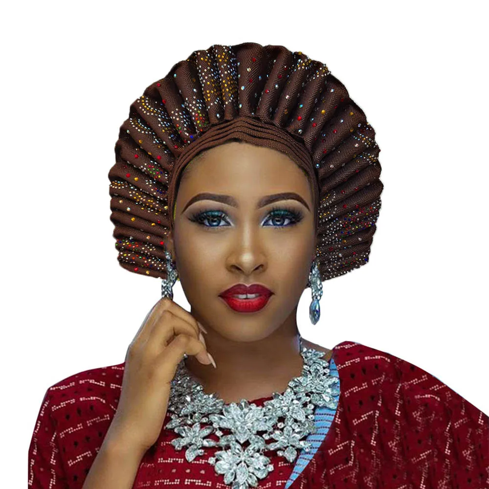 coffee Высокое качество aso oke gele африканские головные уборы с камнями - Цвет: coffee