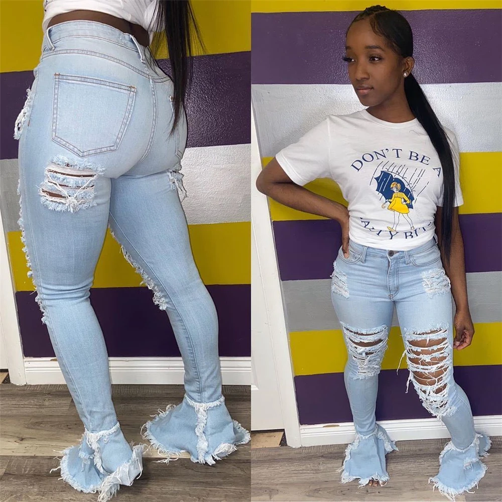 Jeans rasgados para damas pantalones vaqueros de cintura alta Vintage Flare Jeans con agujeros Patchwork Bell Fondo Jean Denim Pantalones