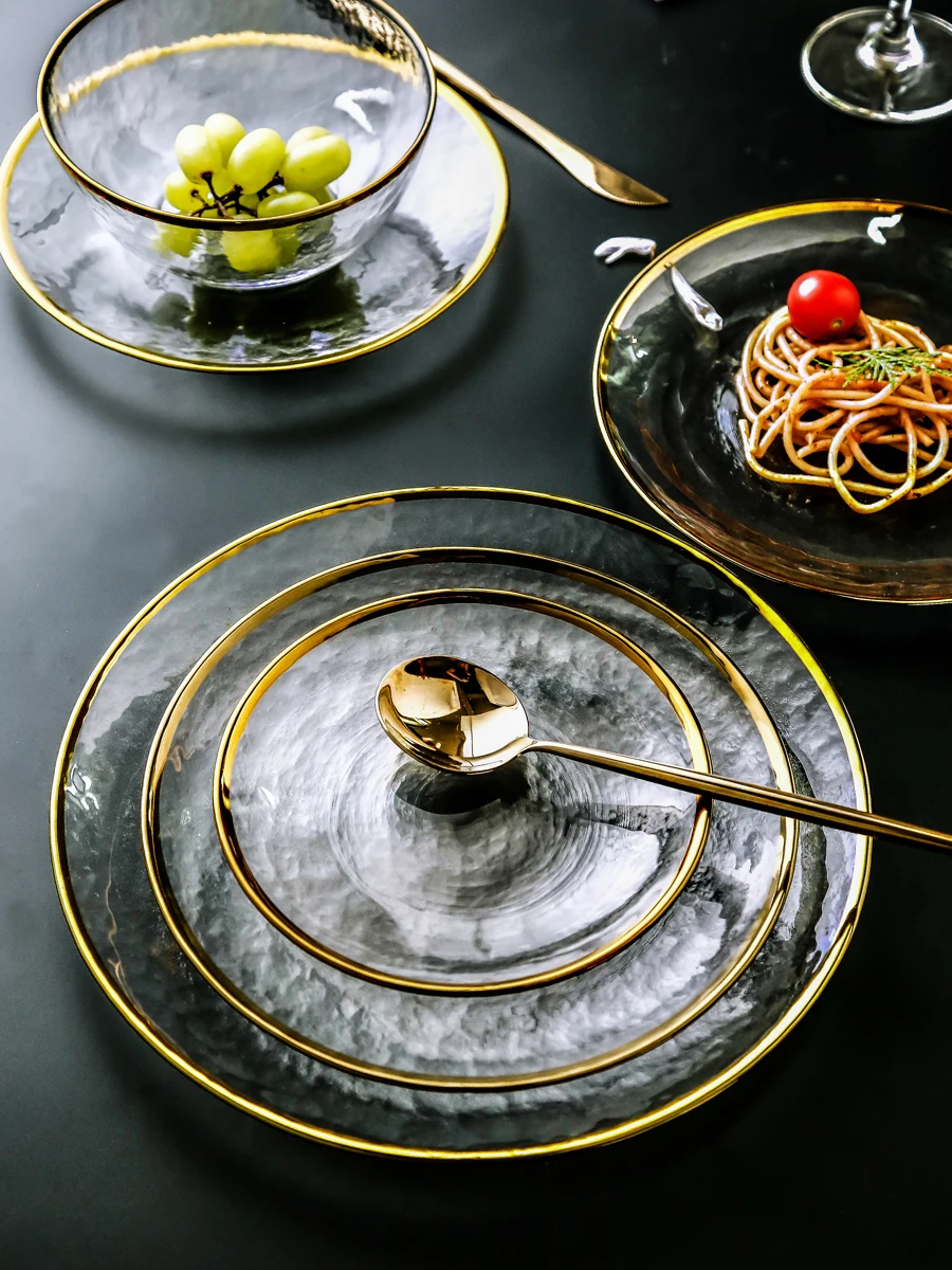 Fashion gold rim glass dinner plate transparent Dessert bowl Western dish  creative salad tray fruit plate dinnerware sets