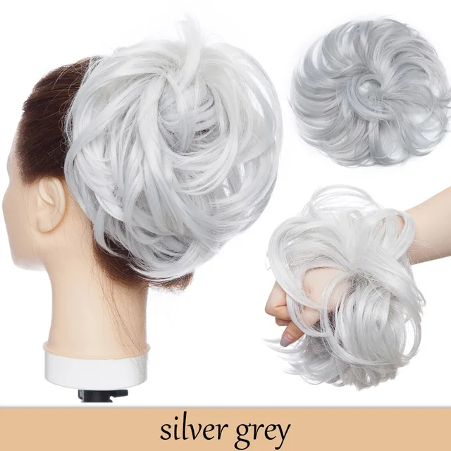 HAIRRO 80g Straight Donut Chignon Hairpieces Synthetic Ombre Elastic Updo Chignon Fluffy Messy Scrunchies Hair Bun For Women silver grey-80g