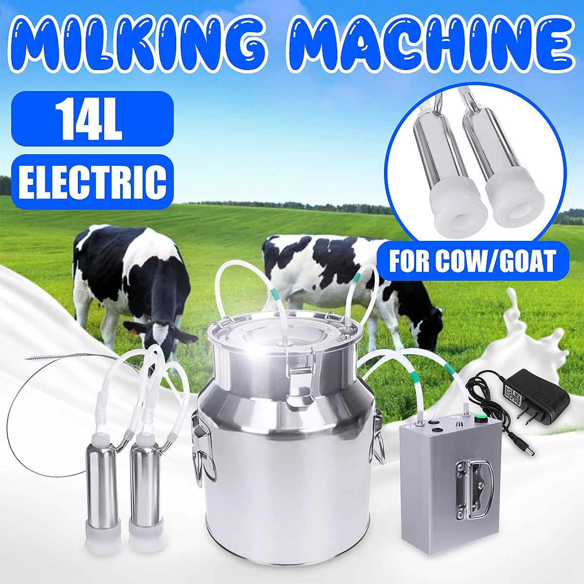 - 14L Rechargeable Cow Goat Sheep Milker Electric Milking Machine Stainless Steel Bucket Double Heads Hose With Restriction Valve