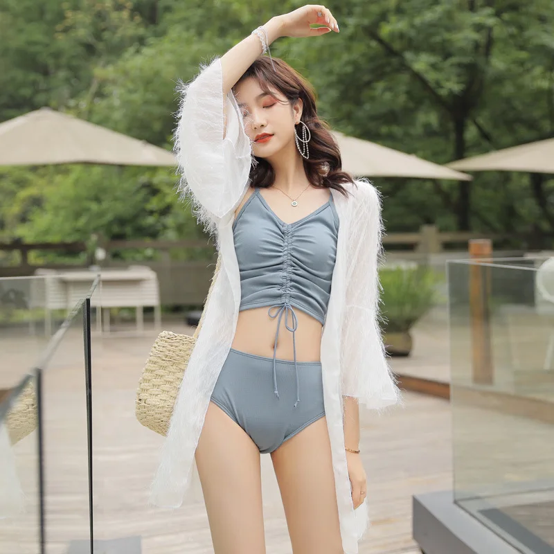 

South Korea Two-piece Swimsuits Women's Three-piece Set Bikini Graceful Blouse Boxer Small Bust Gathering Bubble Hot Spring Tour