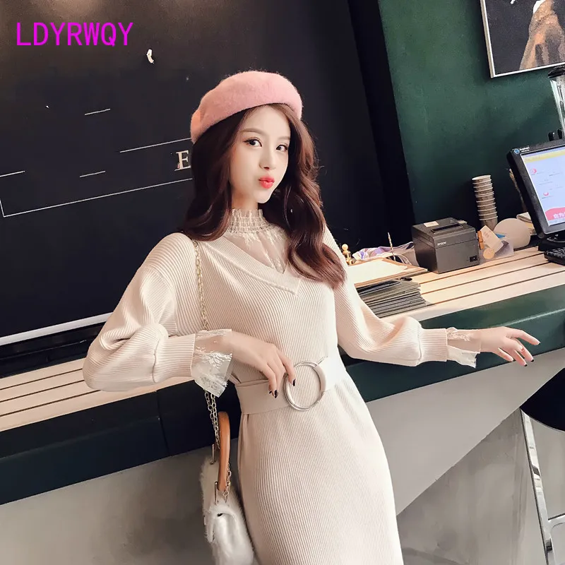2019 autumn and winter new Korean version of loose lace stitching knit dress fake two pieces Knee-Length