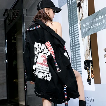 

jacket hip hop denim Girl female 2020 spring autumn new loose Korean version of the long and long cowboy jacket large size 3XL