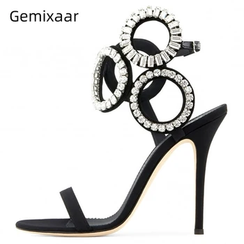 

Luxury Suede One-strap Gladiator Sandals Women Stiletto Heel Diamond Rhinestone Round Circle Strap Party Shoes Woman
