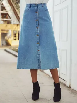 

Vintage Denim Skirt Women Blue Spring Summer Travel Button High Waist A-Line Elegant Office Ladies Midi Jeans Skirts Female 2020