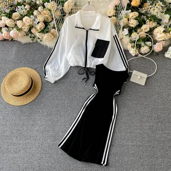 

2020 Casual 2 Piece Dress Set Women Loose Zipper Coats+o Neck Striped Short Dress Female Korean Style Dress Sets