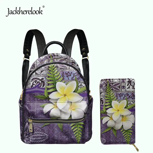 Jackherelook Hawaiian Samoan Polynesian Foral Print Women PU Mini Backpack Clutch Wallet 2pcs/Set Girls Small Campus Schoolbag HTO2467