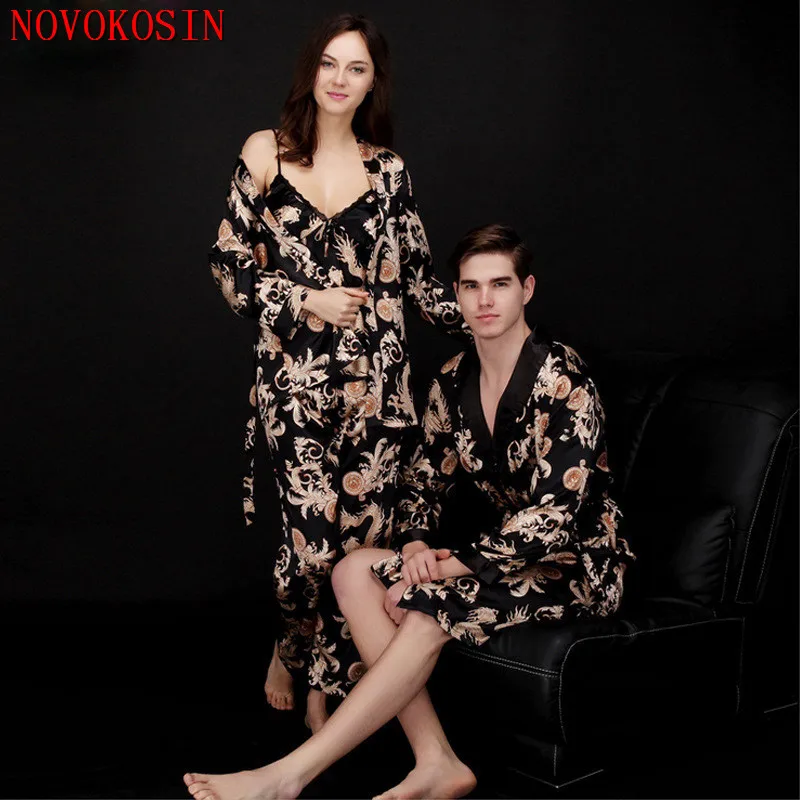 2021 Plus Summer Autumn Men Lady Pajamas Set Sexy Long Sleeve Ice Silk Sleepwear Couple Lover Women 3 Pieces Night Gown | Женская одежда