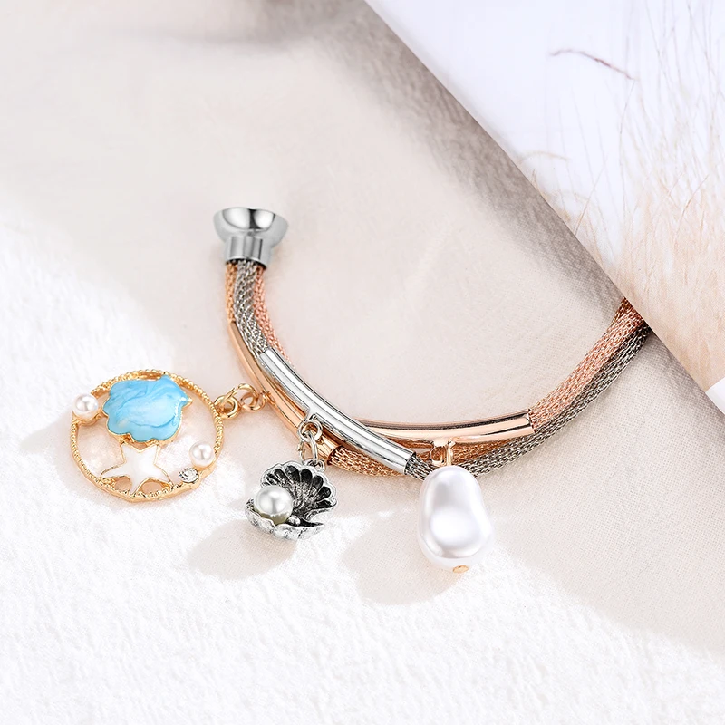 Роскошные 3 слоя Раковина Морская звезда жемчужные подвески из мелких деталей очаровательные браслеты для женщин Свадебная вечеринка уникальные сетчатые браслеты-подарки