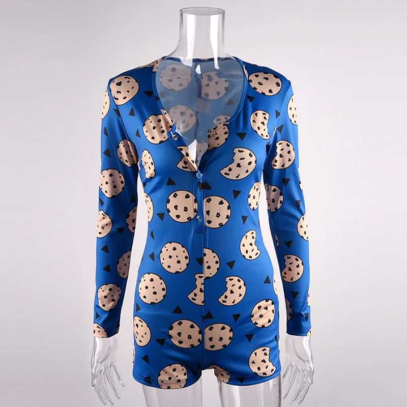 Cartoon Cookies Printed Women Sexy Oneies Bodycon Jumpsuit Romper Long Sleeve HomeWear Tracksuit Playsuit Pajama Onesies