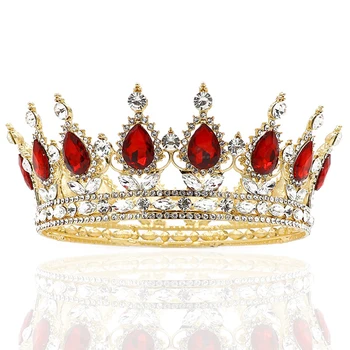 

NeeFuWoFu Gold color Wedding Hair red Baroque Crystal Tiaras Crowns For Women Pearl Handmade Bridal Round Crowns Hair