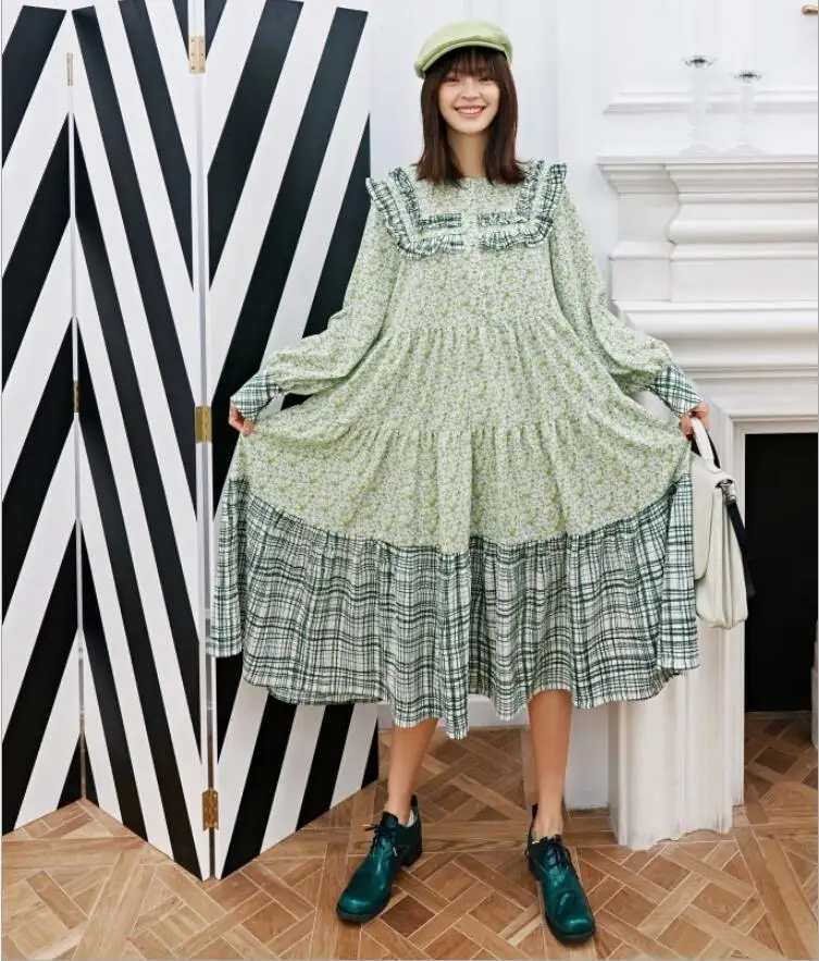 

Spring stitching dress female print French pastoral style 2020 spring women's new Elegant Midi Dress