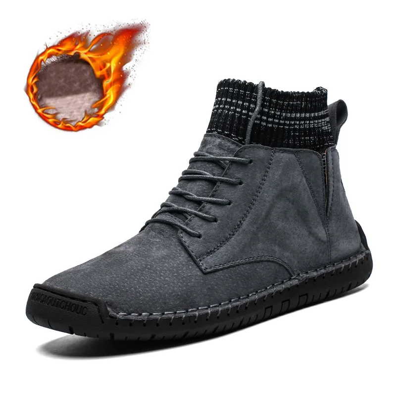 GRAY WITH FUR Мужские зимние теплые ботинки; водонепроницаемые ботинки; мужская обувь на шнуровке из плюша; ботильоны; уличная модная мужская повседневная обувь; большие размеры - Цвет: GRAY WITH FUR