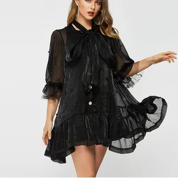 

#2765 Ruffle Dress Pearl White White See Through Mesh Dress Women Sexy Mini Dress Loose Bow O Neck Ladies Dresses Half Sleeve