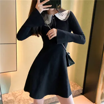 

2020 Spring Knitted Dress Female Bowknot Solid Color Long Sleeve Mini Knitted Dress