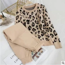 

2022 Women's Long Sleeve Knit Leopard Pullover Sweaters+Elastic Waist Pants Sets Fashion Trousers Two Pieces Costumes Outfit