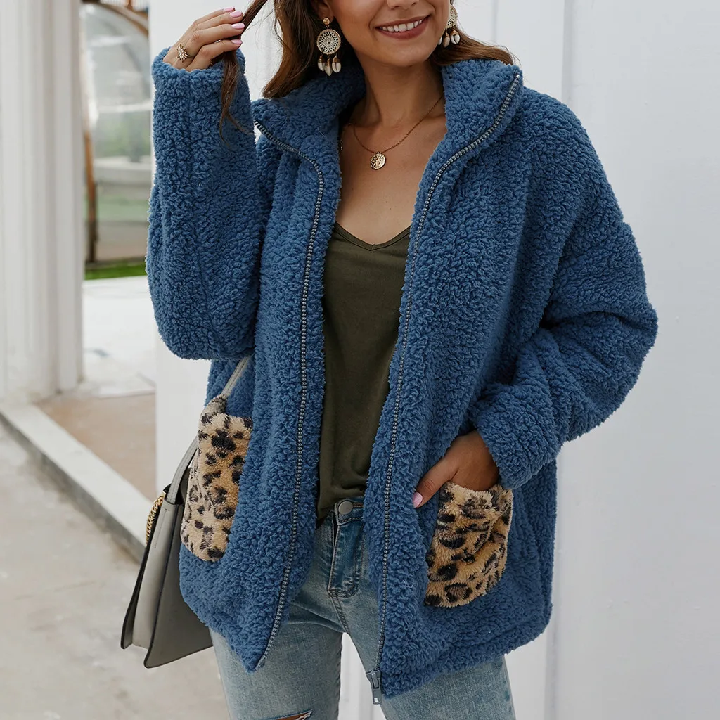 Jaycosin Fashion Women Winter Loose Wild Leopard Print Fleece Coat Stylish Long Sleeve Comfortable Soft Cardigan Zipper Coat22#4