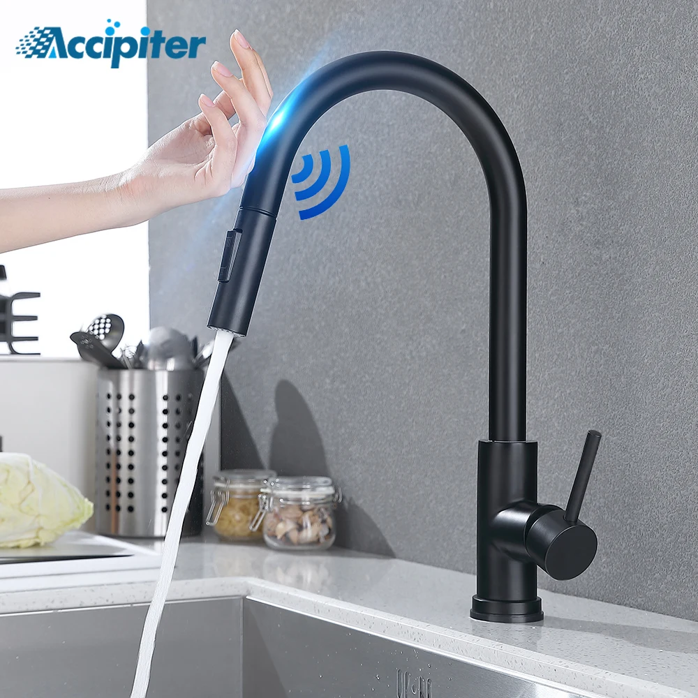  Pull Out Black Sensor Kitchen Faucets Stainless Steel Smart Induction Mixed Tap Touch Control Sink  - 4000277681140