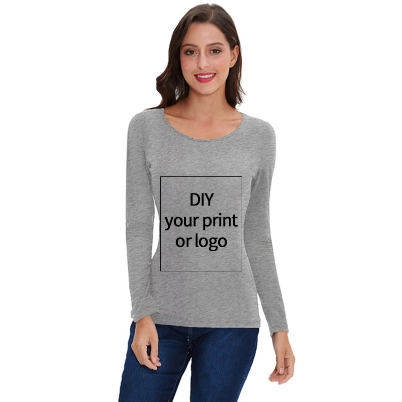 long sleeve O-neck Заказная хлопковая Футболка спандекс с коротким рукавом белые футболки топы с принтом собственного логотипа для униформы или пары - Цвет: long sleeve O-neck