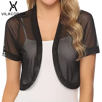 

Black Sheer Jacket Women Cotton Cardigan Coat Mesh Short Sleeve Cropped Women Clothes Summer Casual Woman Jacket Chaqueta Mujer