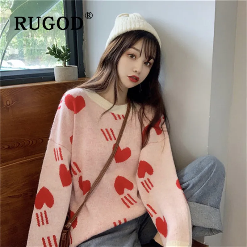 RUGOD 2019 Новый женский трикотажный свитер с принтом в виде сердца круглым вырезом и
