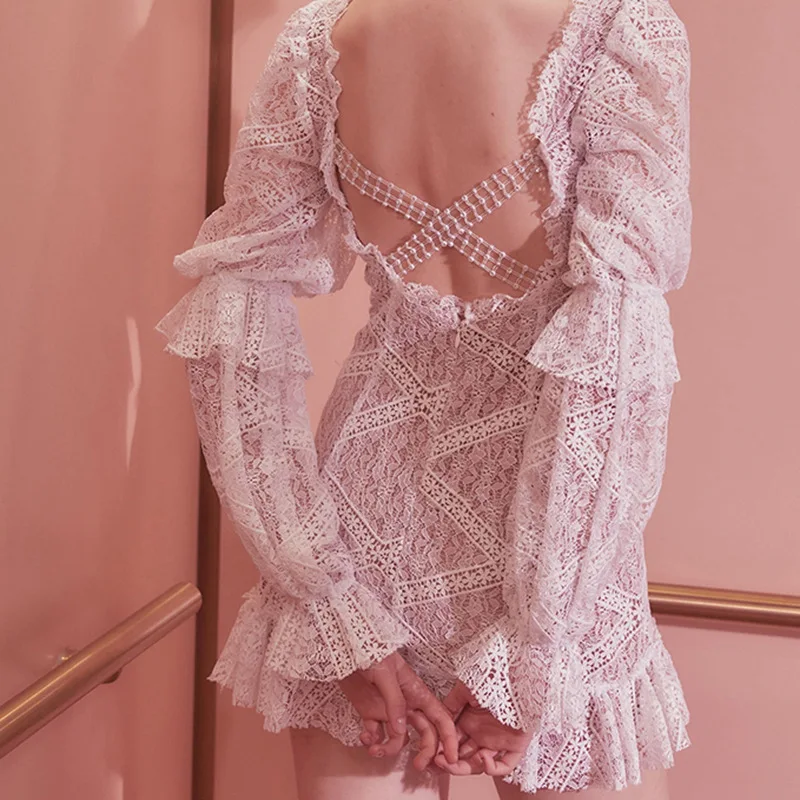 

2020 Spring And Summer New Products Designer Backless Hollow out Crystal Cross White Immortal Lace Palace Dress 9086