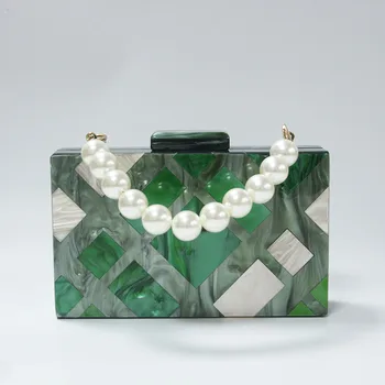 

Gometric Pearl Green With beige patchwork handmade women evening bead handle acrylc box clutches female flap party beach purse