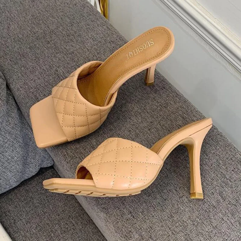 

New Sexy PU Sewing Square head Peep Toe High Heel Slippers Summer Fashion Slip On Thin Heels Slides Women Mules Party Shoes