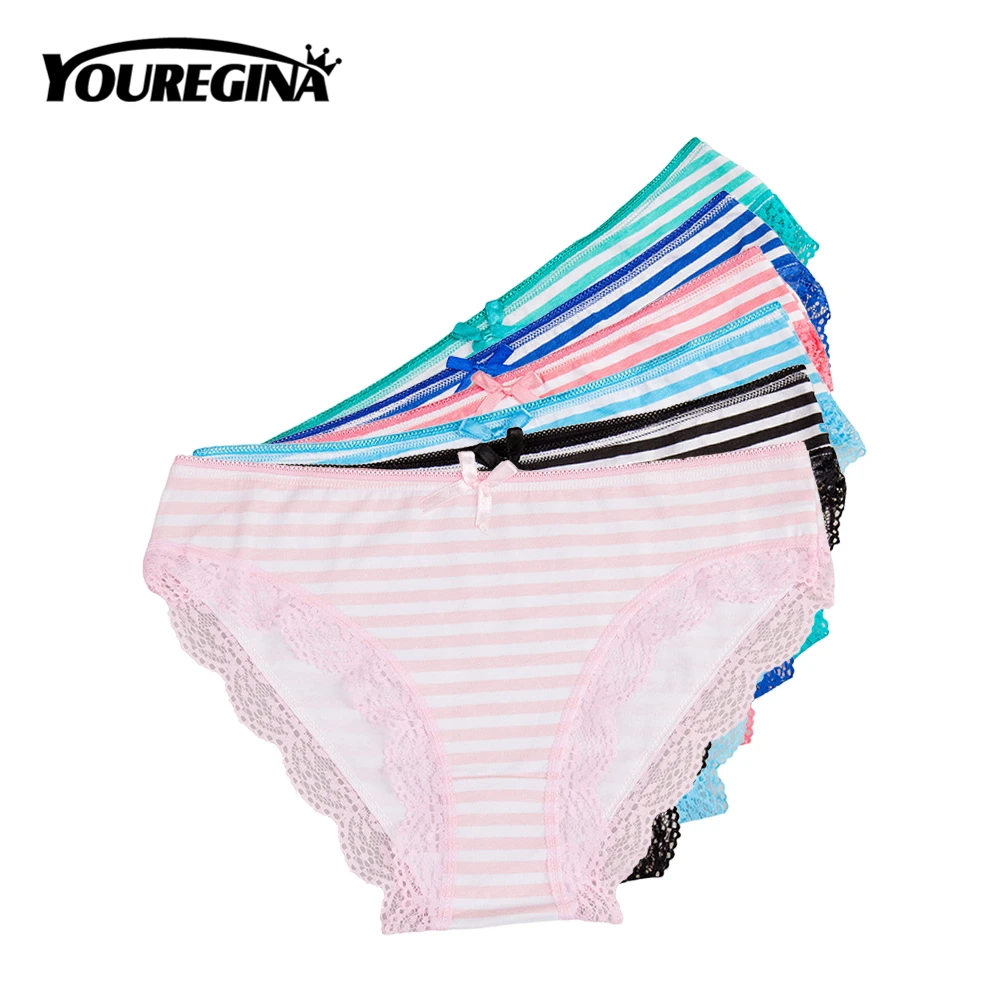 

YOUREGINA Women's Cotton Sexy Stripe Print Lace Briefs Panties Low-waist Lady Female Intimates Lingerie Girl Cute 6pcs/lot M-2XL