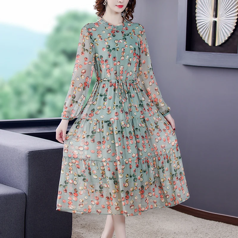 

Elegant Dot Print Long Sleeve Women Dresses 2020 New Autumn Boho Casual O Neck Chiffon A Line Dress Fashion Party Vestidos