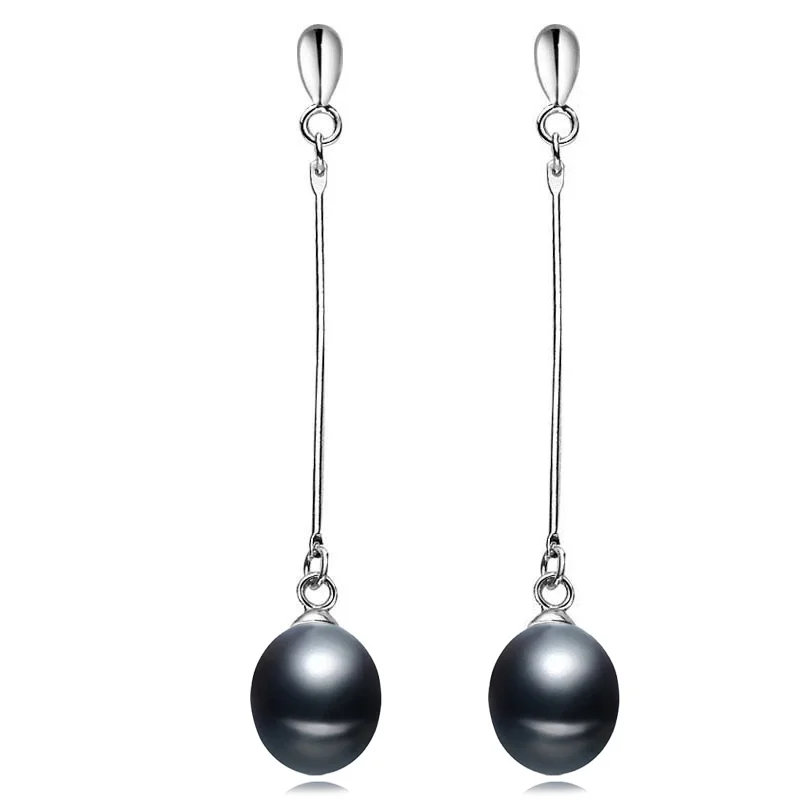 Real 925 sterling silver earrings freshwater long pearl earrings for women,natural pearl earring drop girlfriend best gift white - Цвет камня: black pearl earring